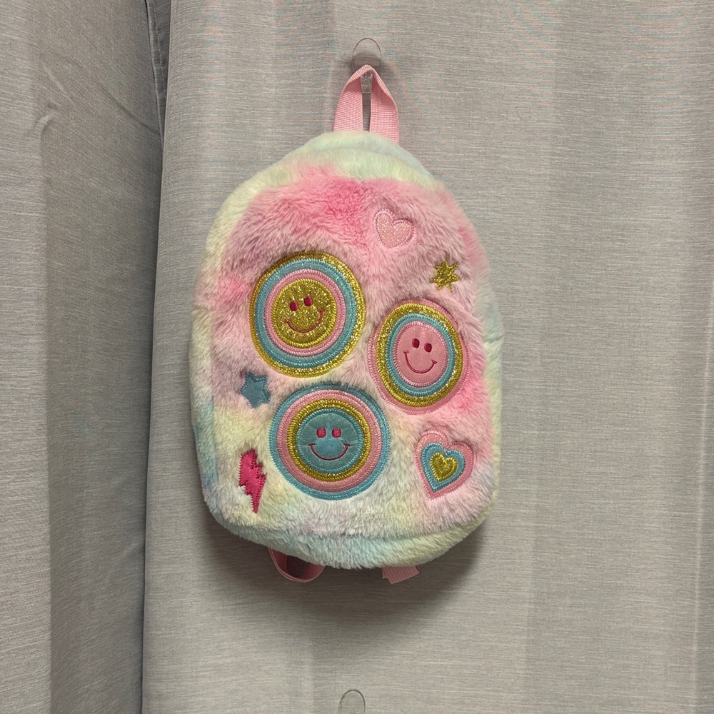 Unbranded Rainbow Colorful Faux Fur Mini Kids Backpack with Smiley Faces